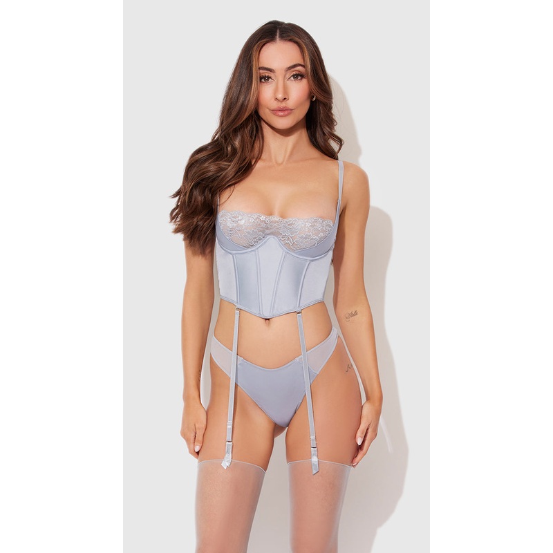 Sienna Satin & Lace Bustier In Stone Blue – House of Desire