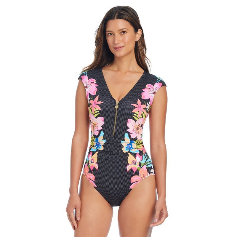 Sweet Escape Cap Sleeve Zip One Piece Swimsuit