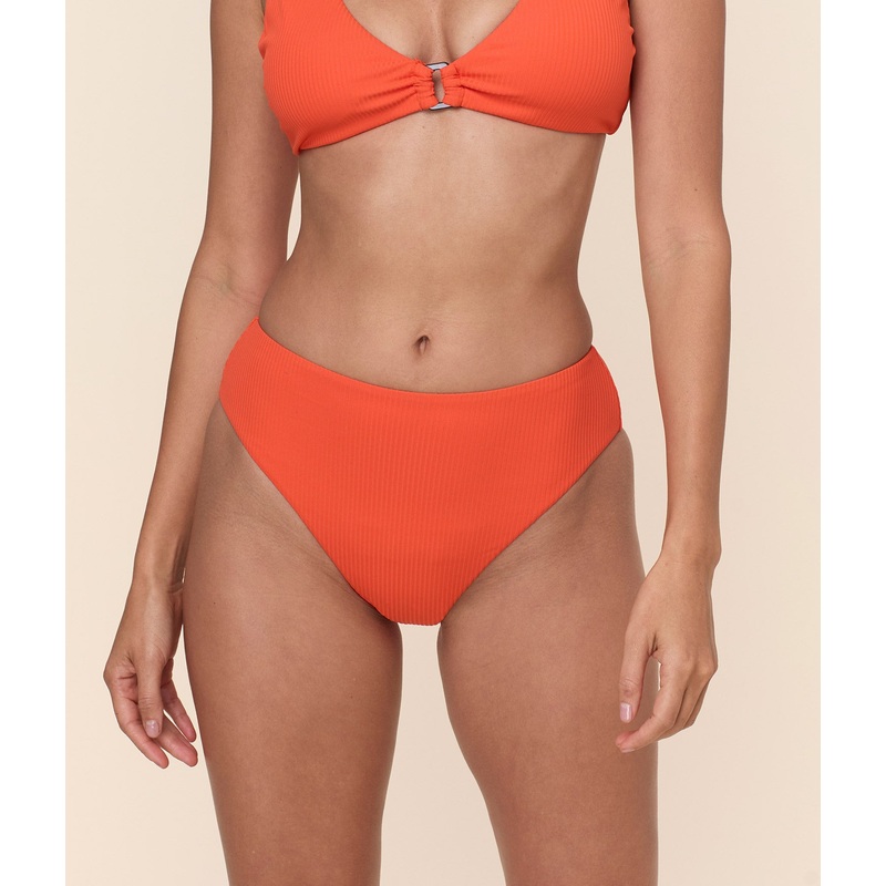 The 90s High Waist Bikini Bottom – Eco Ribbed – Vermillion